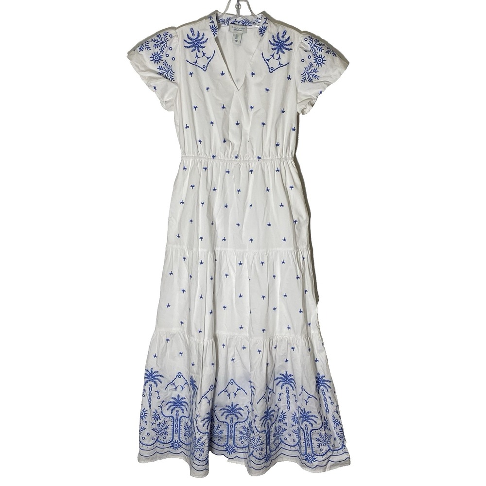 Calypso St. Barth Maxi Dress Womens Small White Embroidered Tropical Lagenlook S